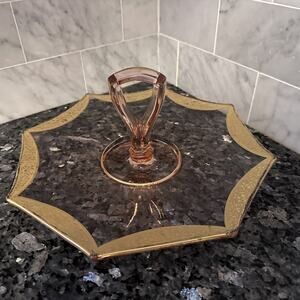 Tiffin Franciscan Pink Rambler Rose Octagonal Glass Tray w/Gold Trim & Handle